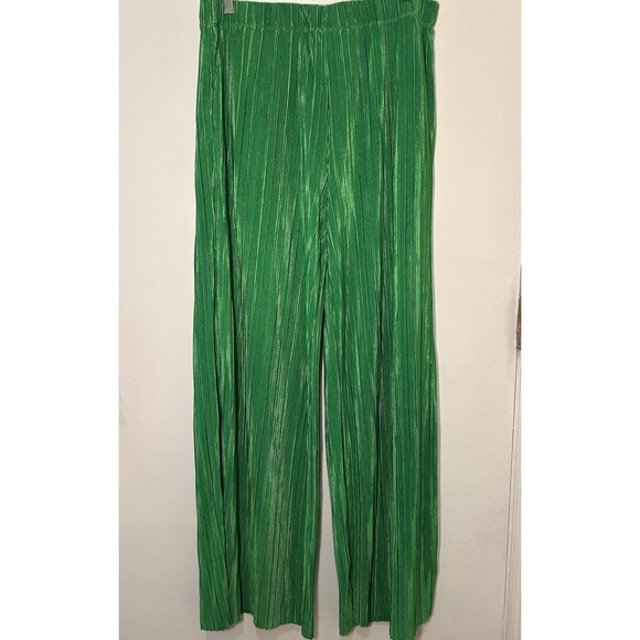 Steve Madden Addy Plisse Green Pleated Wide Leg Pants Elastic Waist L - Picture 2 of 8